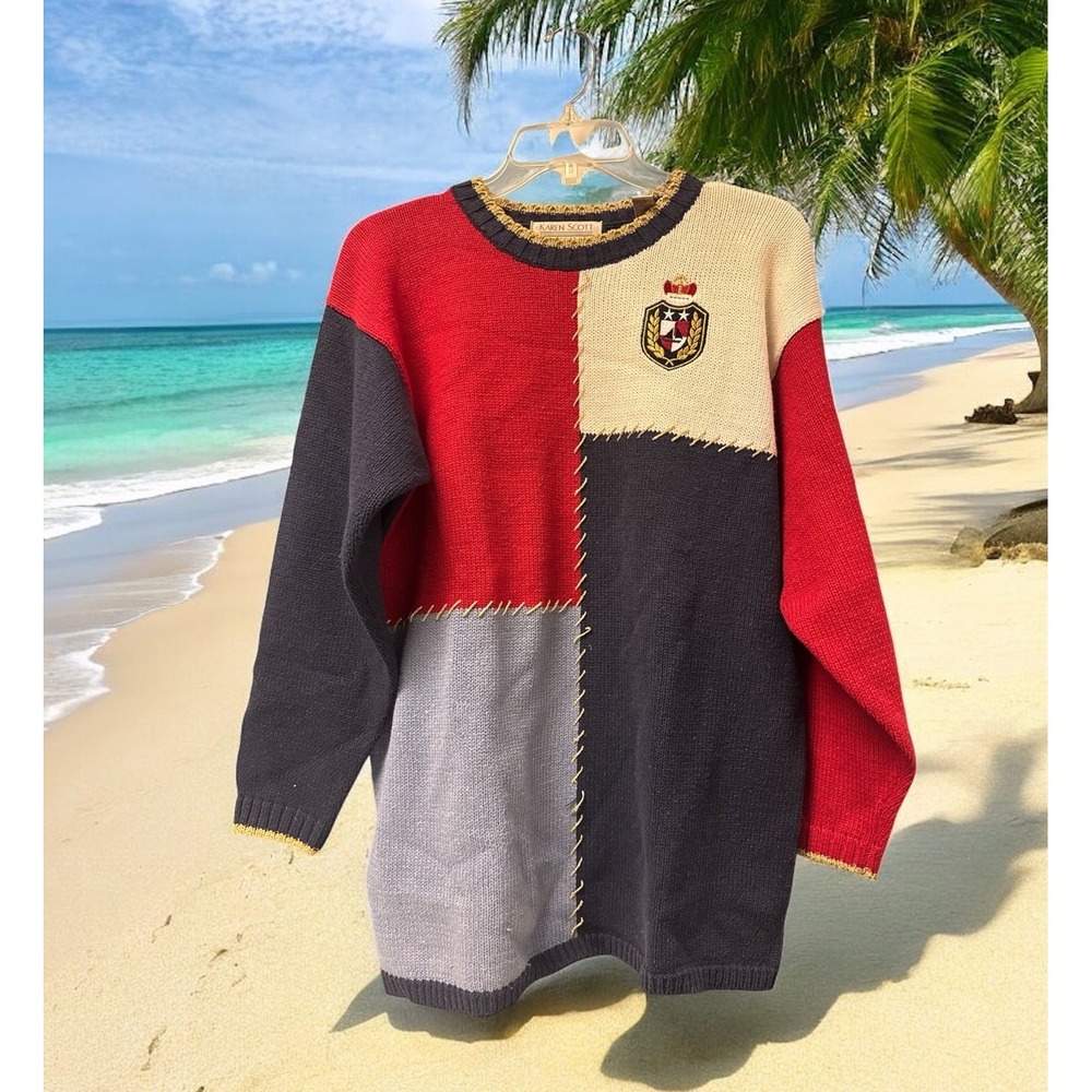 Vintage 90's Karen Scott Nautical Sweater Women's Size M Color Block Knit Cruise